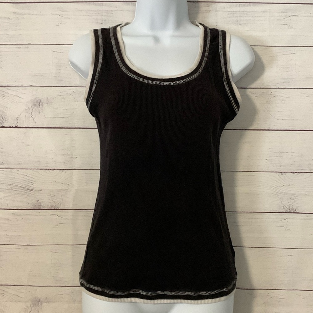 Ribbed Lightweight Soft Tank Sweater - black with white trim
